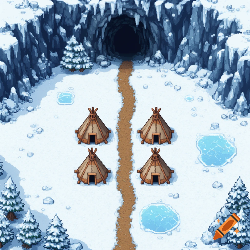 A 2D top-down pixel art map of a snowy winter village with four teepees, a dirt path, and a cave entrance.