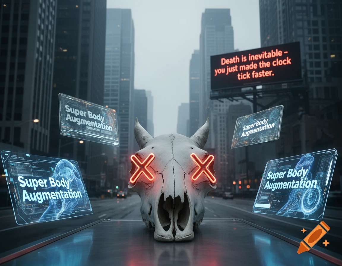 A cow skull with glowing red X eyes on a platform in a futuristic city, surrounded by 'Super Body Augmentation' ads and a 'Death is inevitable' billboard.