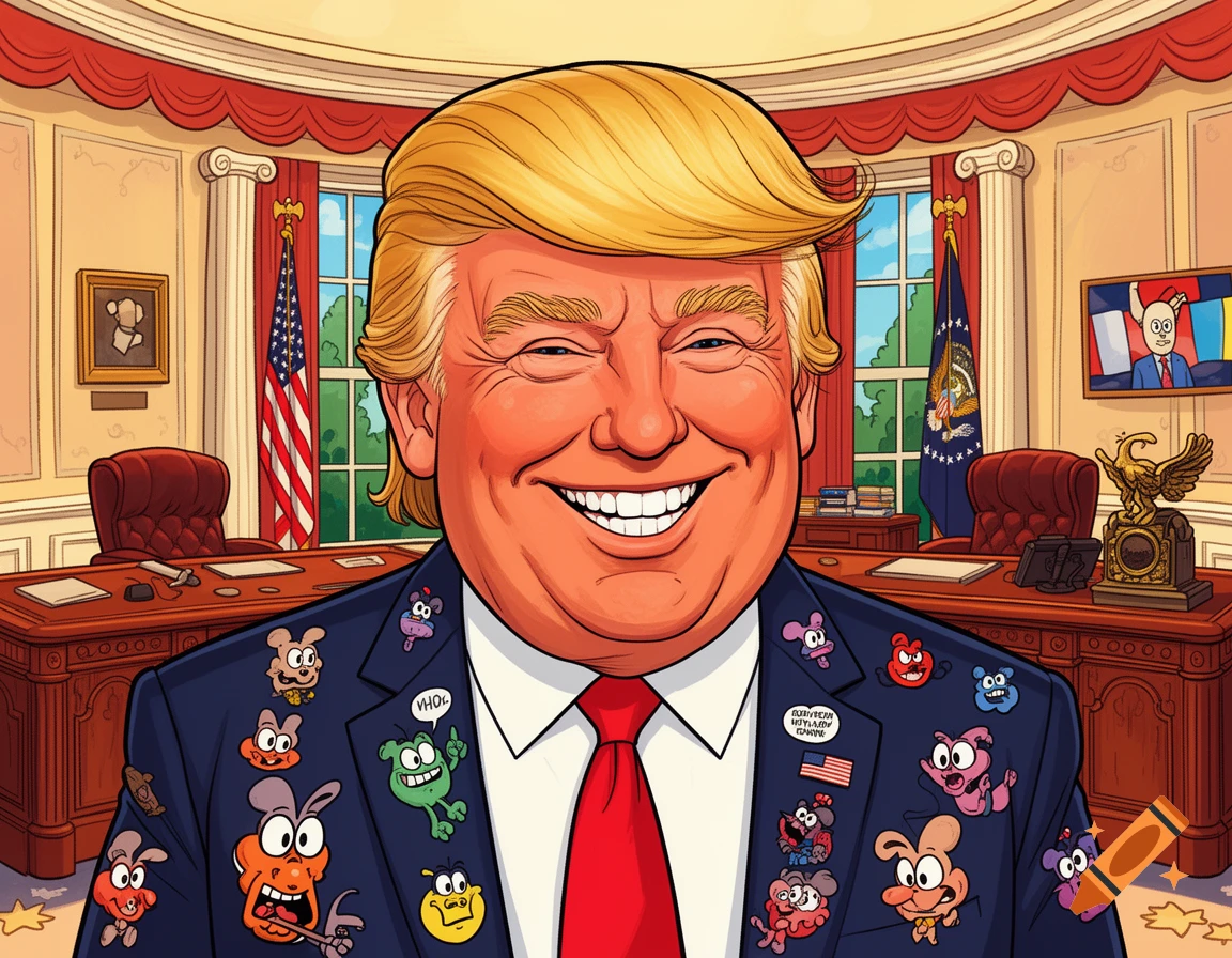 A cartoon caricature of Donald Trump, smiling broadly in the Oval Office, wearing a suit covered in various colorful cartoon character pins.