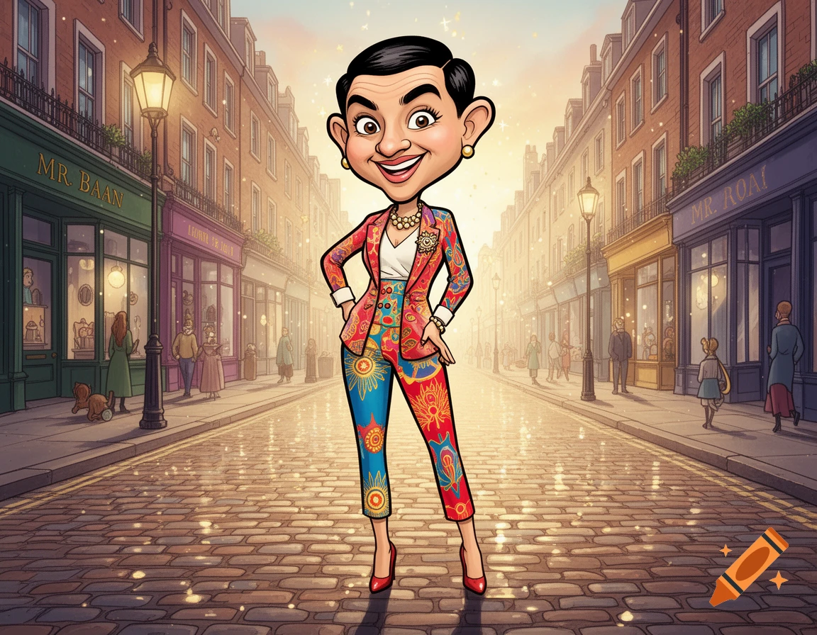 A cartoon caricature of a gender-swapped Mr. Bean in a vibrant patterned suit stands on a cobblestone street lined with shops.