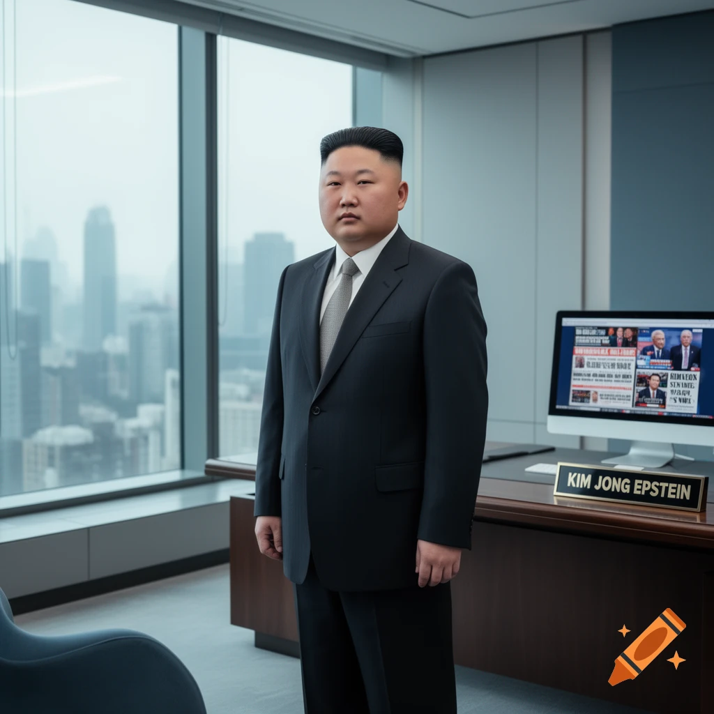 A photorealistic portrait of a man resembling Kim Jong Un in a dark suit, standing in a modern office with a city skyline view. A desk nameplate reads "KIM JONG EPSTEIN".