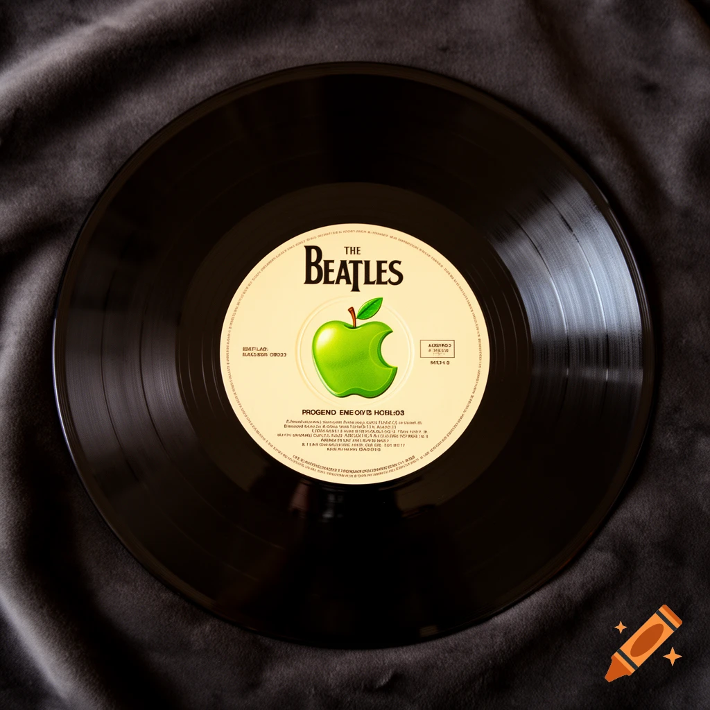 A black vinyl record with a cream-colored label featuring a green apple logo and "The Beatles" text, on a dark fabric background.