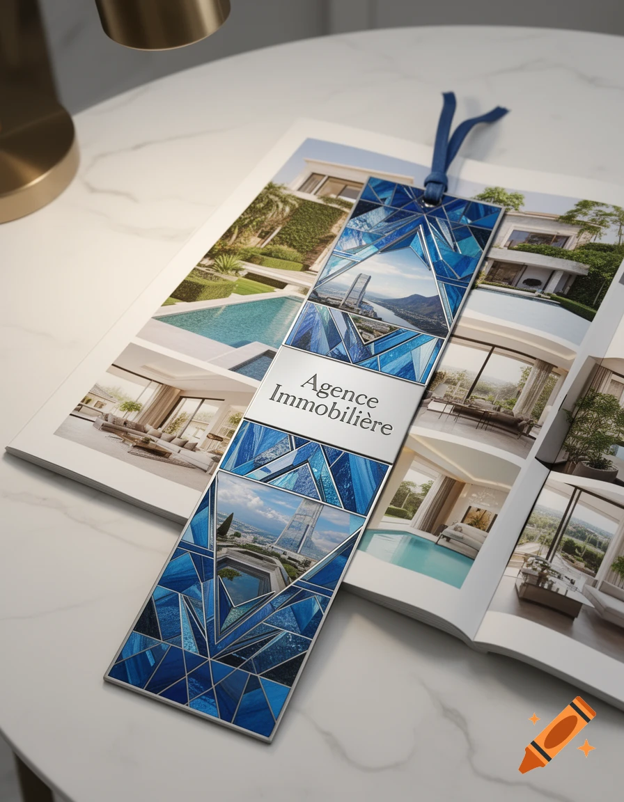 Blue geometric bookmark with 'Agence Immobilière' text, showcasing photos and patterns, in a real estate magazine on a marble table.