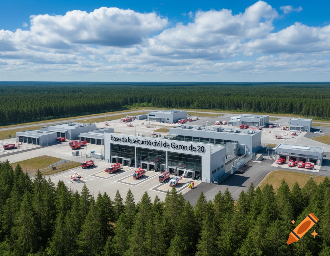 Aerial view of a modern emergency services base with a main building, multiple fire trucks, and helicopters, surrounded by a dense forest.