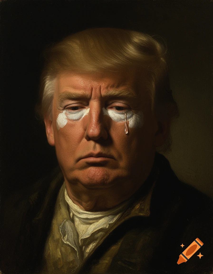 Melancholic fine art portrait of Donald Trump as a sad clown in Rembrandt's style, with white eye makeup and a single tear.