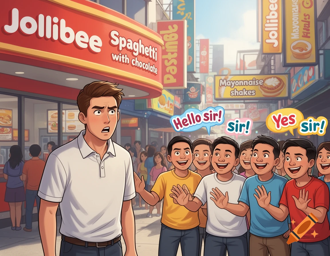 A cartoon street scene with a man in a white polo looking surprised at a group of smiling people saying "Hello sir!" and "Yes sir!". A Jollibee restaurant sign advertises "Spaghetti with chocolate" and "Mayonnaise shakes" on nearby signs.