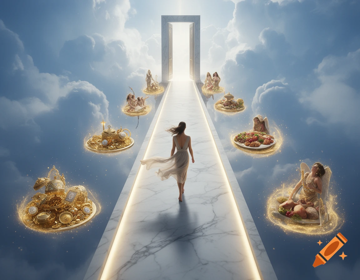 A woman walks up a luminous marble ramp in the sky towards a bright doorway, surrounded by floating golden trays representing temptations.
