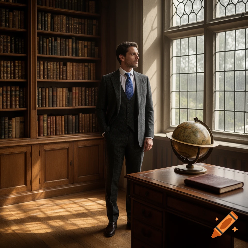 A man in a dark suit and blue tie stands in a sunlit library, looking out a large window next to a desk with a globe.