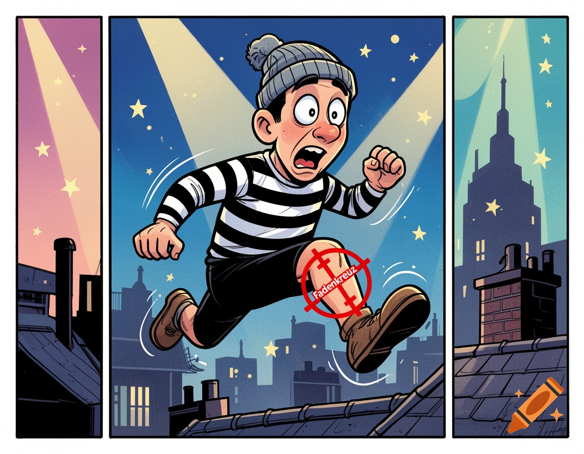 A cartoon burglar in a striped shirt and beanie runs across a city rooftop at night, highlighted by a spotlight, with a crosshair on his calf.