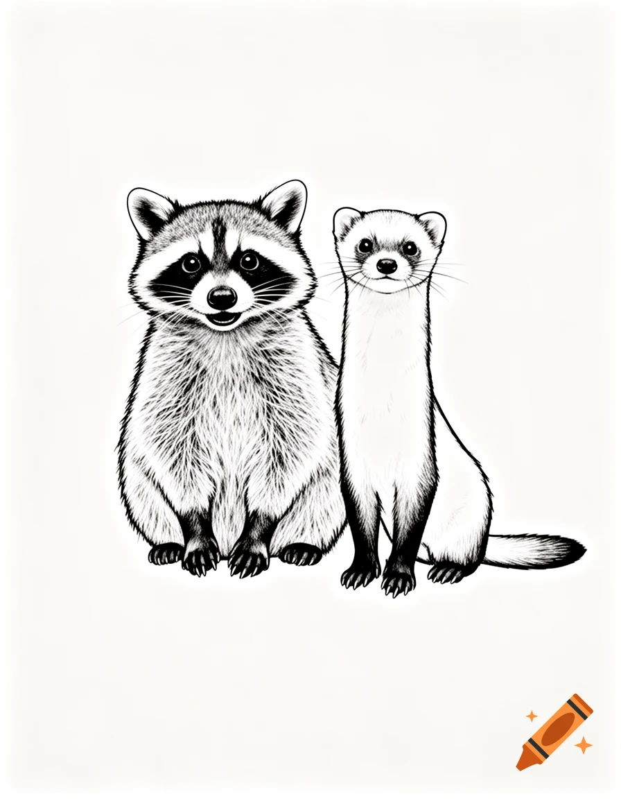 A black and white line drawing of a fluffy raccoon with a smile sitting next to a slender ferret.