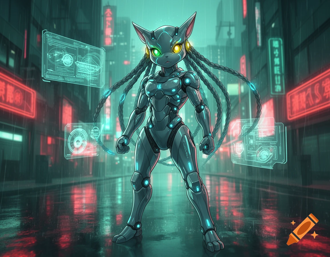A cyberpunk robot cat character with glowing eyes and braided metallic hair stands in a rainy, neon-lit city street with holographic displays.