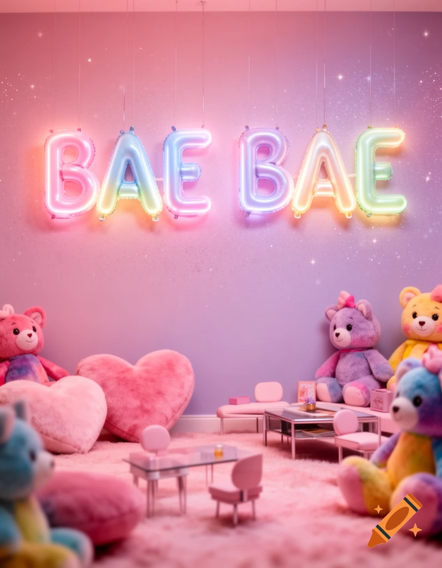 Pastel pink and purple room with 'BAE BAE' neon balloons, plush teddy bears, heart pillows, and miniature furniture on fluffy carpet.