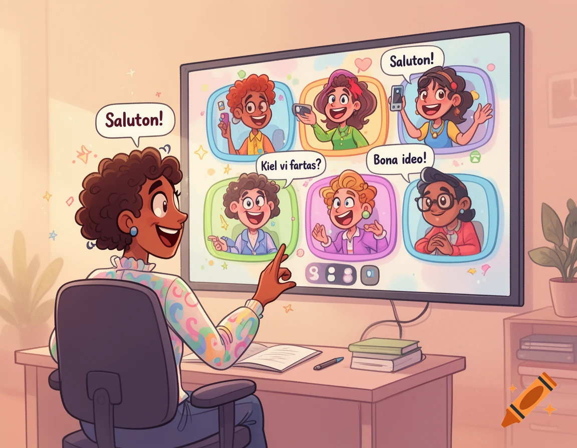 A cartoon teacher smiles, pointing at a large screen showing a video conference with six diverse participants speaking Esperanto in speech bubbles.