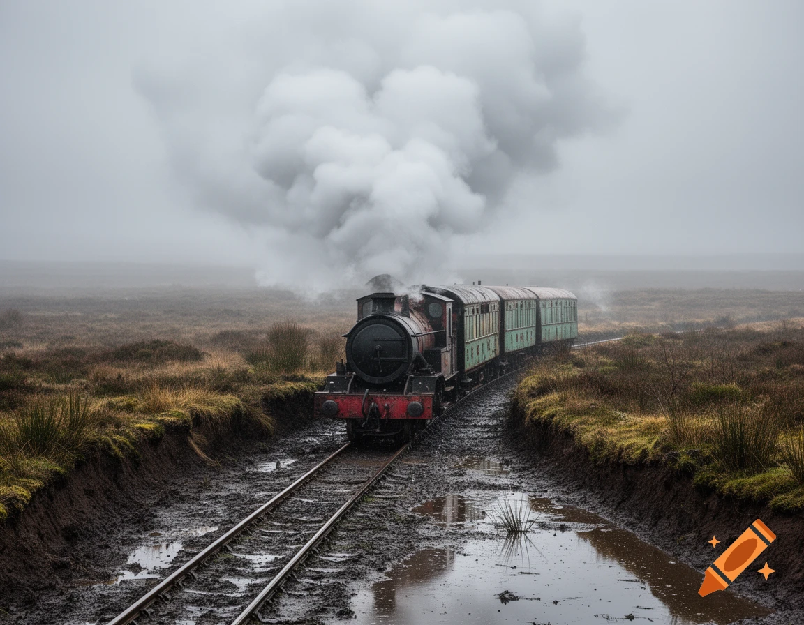A small, vintage steam locomotive with a green passenger car travels through a muddy moor under a cloudy sky, emitting thick smoke.