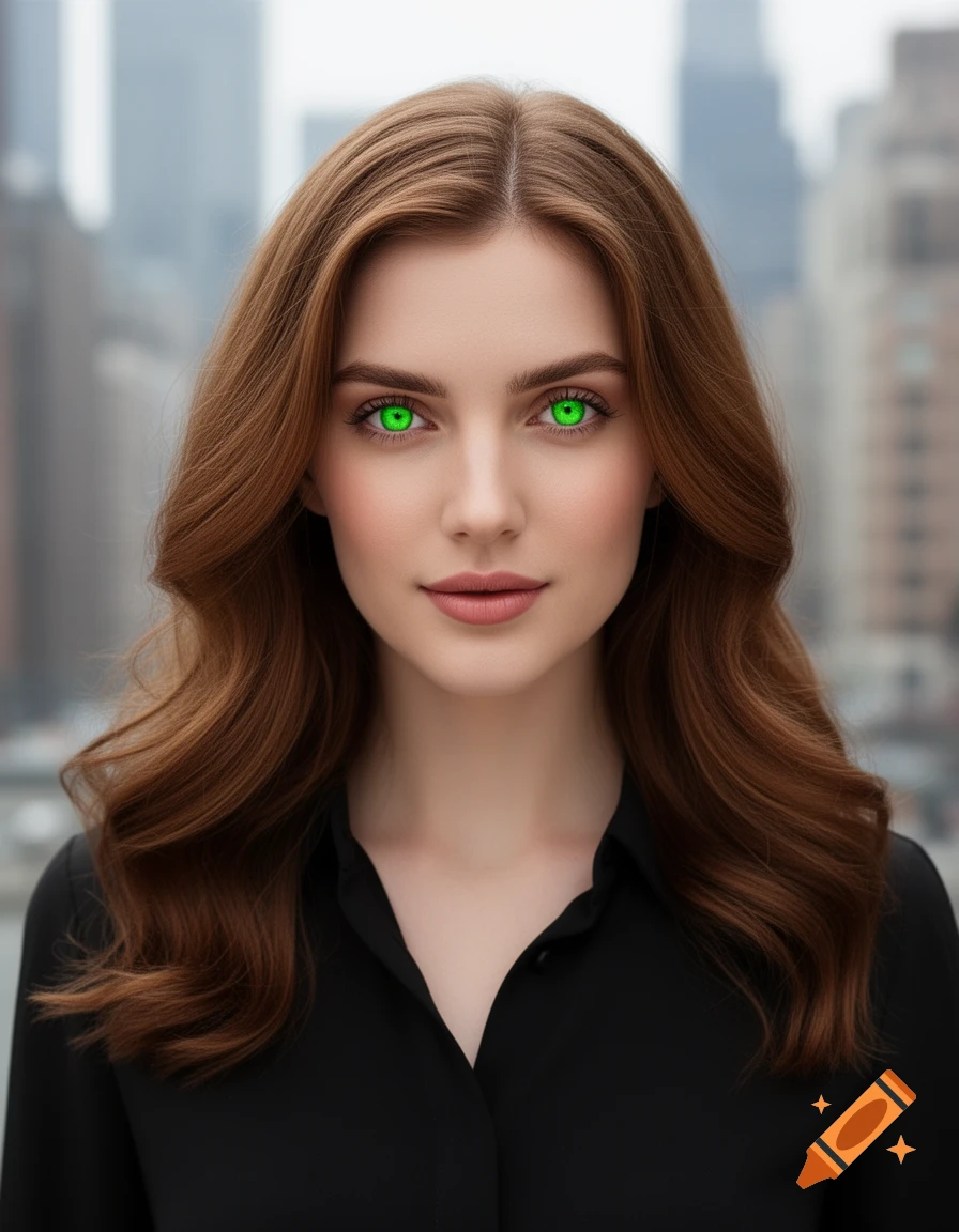 Photorealistic portrait of a woman with long brown hair and vibrant green eyes, wearing a black shirt, against a blurred city background.