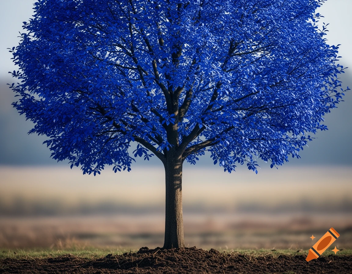 A vibrant blue tree stands alone in a field under a clear sky, with subtle green and brown tones in the background.