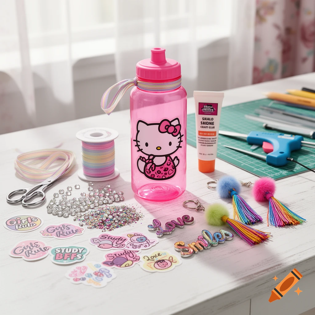 Pink Hello Kitty water bottle surrounded by craft supplies like glitter, beads, stickers, and colorful tassels on a white wooden table.