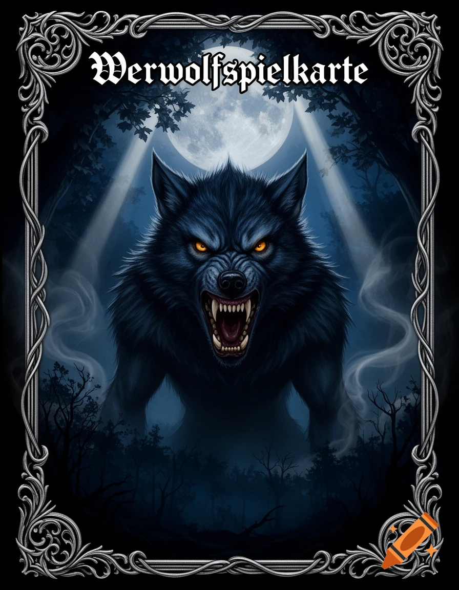 Dark illustration of a snarling werewolf with glowing eyes under a full moon in a misty forest, framed by an ornate border with 'Werwolfspielkarte' text.