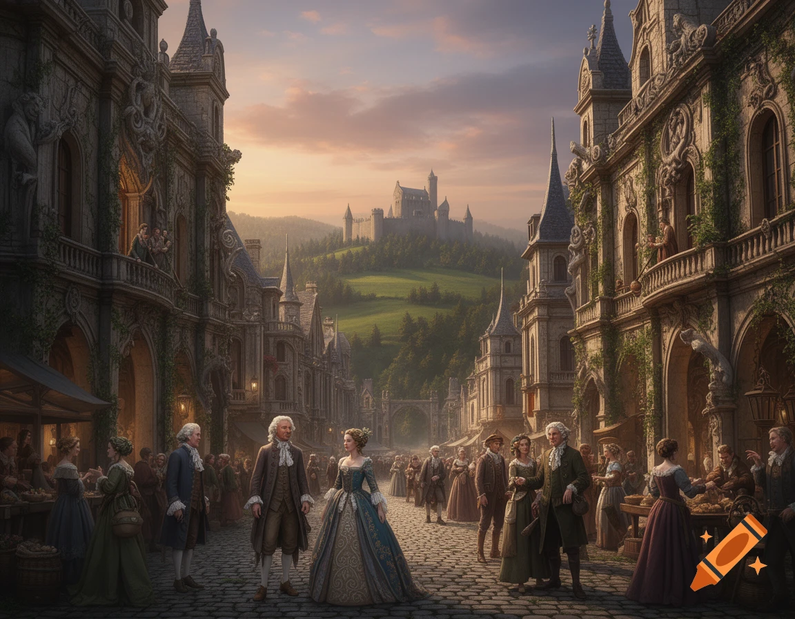 A vibrant historical fantasy street scene with people in 18th-century clothing amidst ornate buildings and a distant castle under a sunset sky.