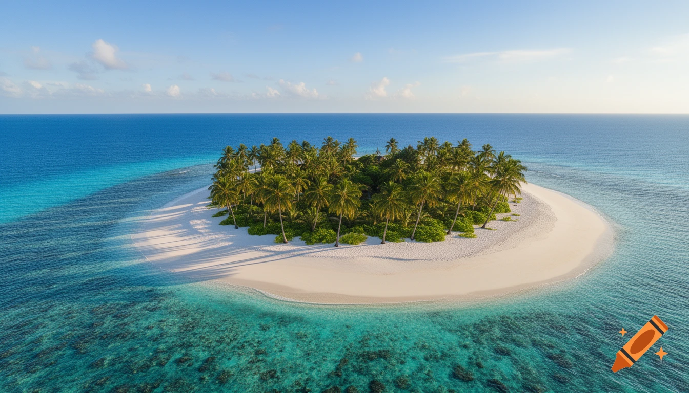 Aerial view of a secluded tropical island with white sand beaches, lush palm trees, and clear turquoise ocean water.