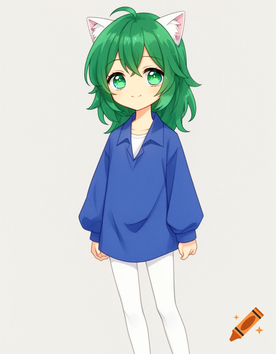 Anime style character with green hair, green eyes, white cat ears, wearing a blue shirt and white stockings.