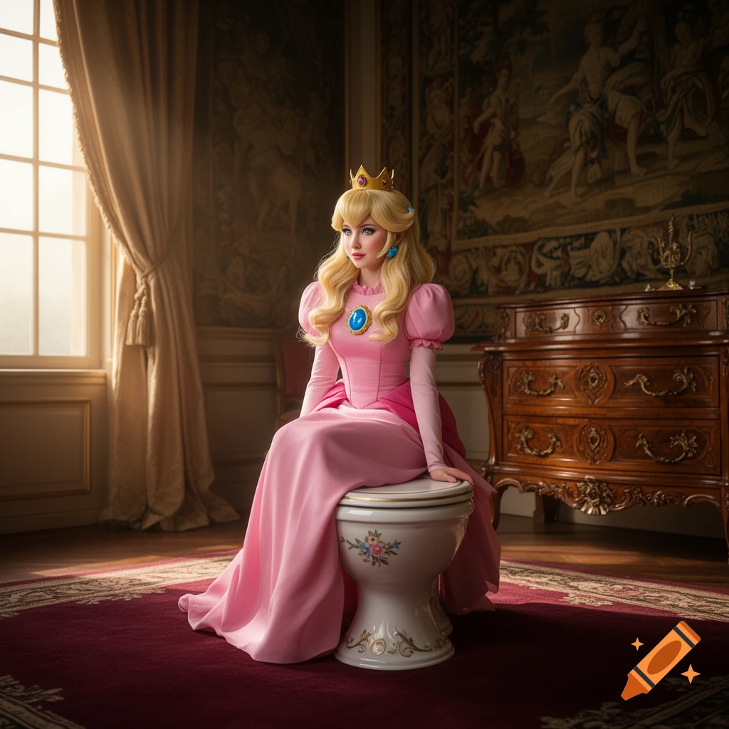 Photorealistic Princess Peach in a pink gown and crown sits on a decorative chamber pot in an opulent room.