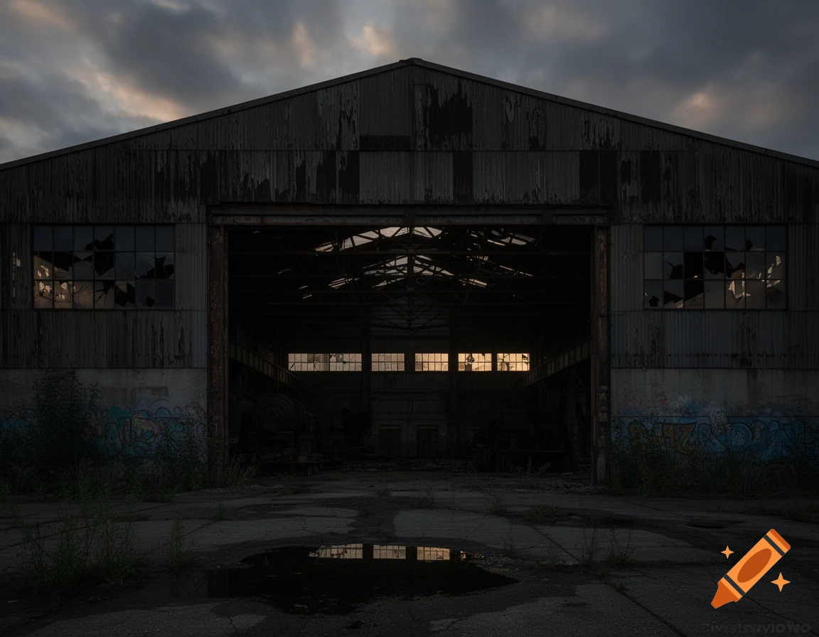 Dark, photorealistic image of an abandoned industrial warehouse with broken windows and a large open bay under a cloudy sky.
