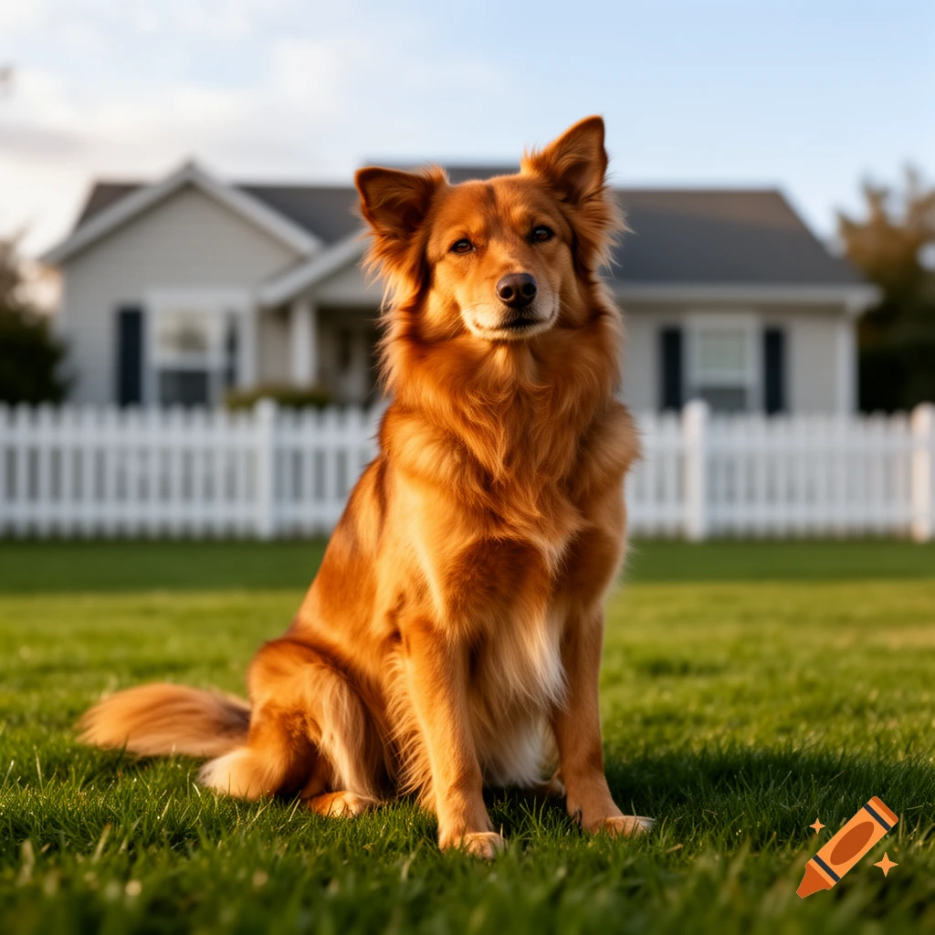 A golden-brown dog sits in a sunny green lawn with a white house and fence in the background.