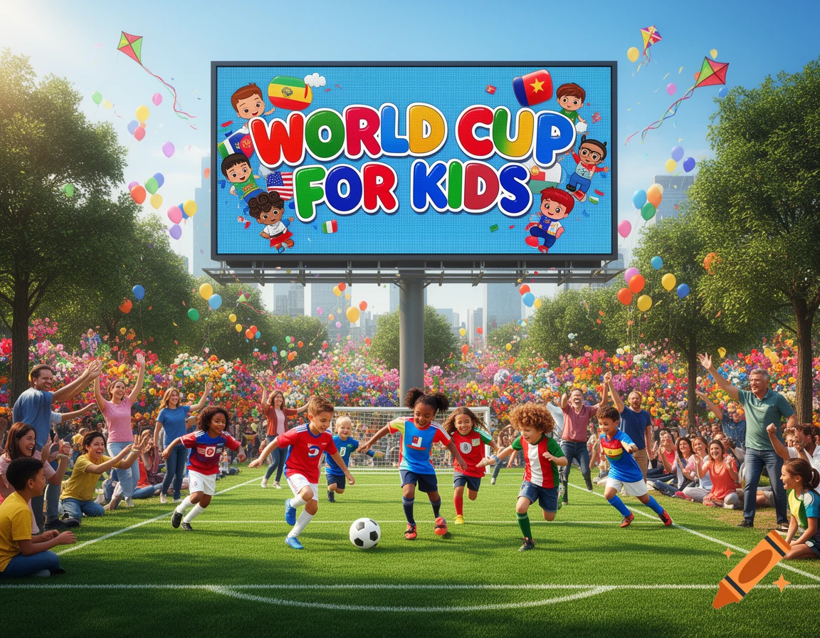 Children play soccer on a field in a park with a large 'WORLD CUP FOR KIDS' billboard and a cheering crowd in the background.
