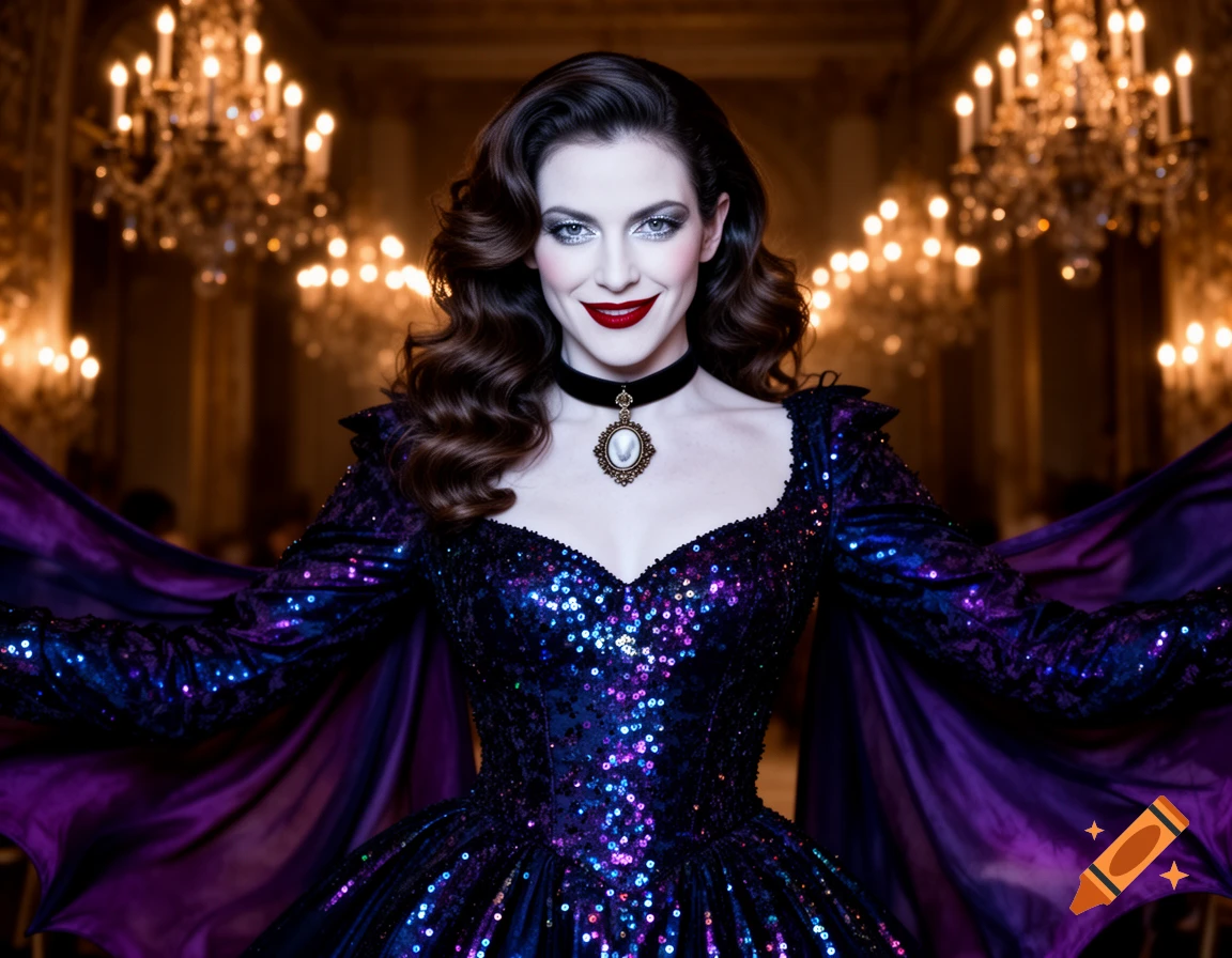 A woman in a shimmering purple sequin vampire gown and cape, with dark hair and red lips, smiling in a lavish ballroom with chandeliers.