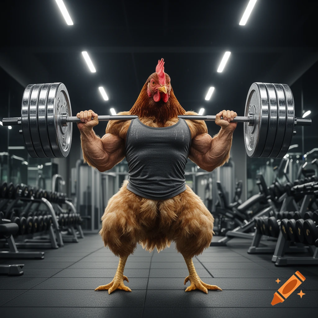 A photorealistic, muscular chicken with a human-like torso lifts a heavy barbell over its shoulders in a gym.