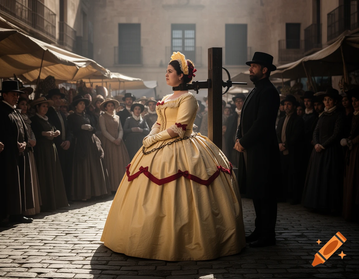 Photorealistic image of a woman in a large yellow historical gown, chained at a post next to a man, in a solemn marketplace scene.