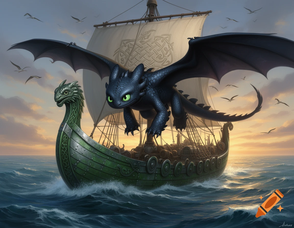 Toothless the dragon flying over a detailed green Viking longship on wavy seas at sunset, artistic style.