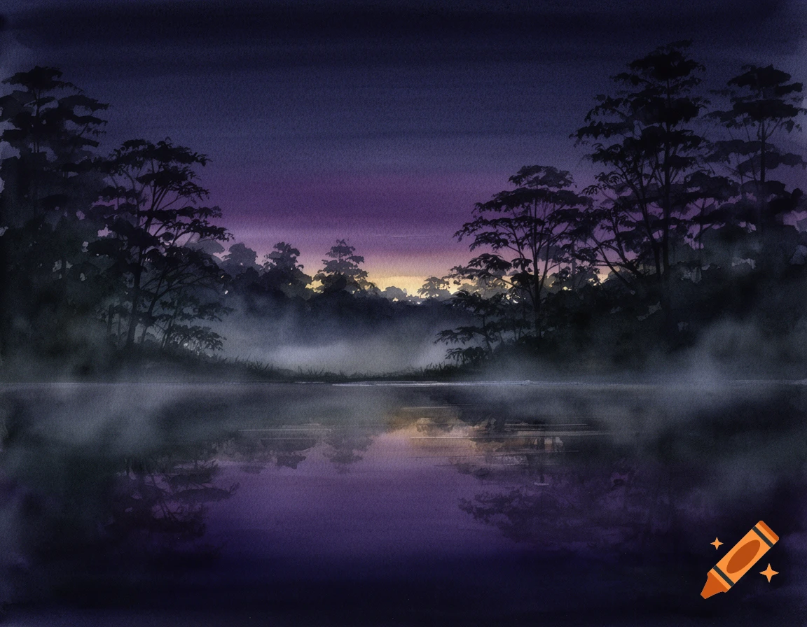 A dark purple watercolor landscape depicts a misty lake reflecting a colorful sunset behind silhouetted trees.