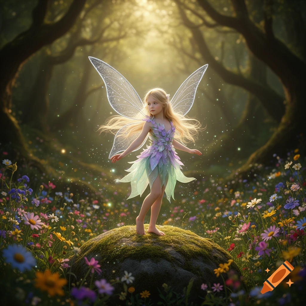 Young blonde fairy with delicate wings and a leaf dress stands on a mossy rock in a sunlit, flower-filled magical forest, digital art.