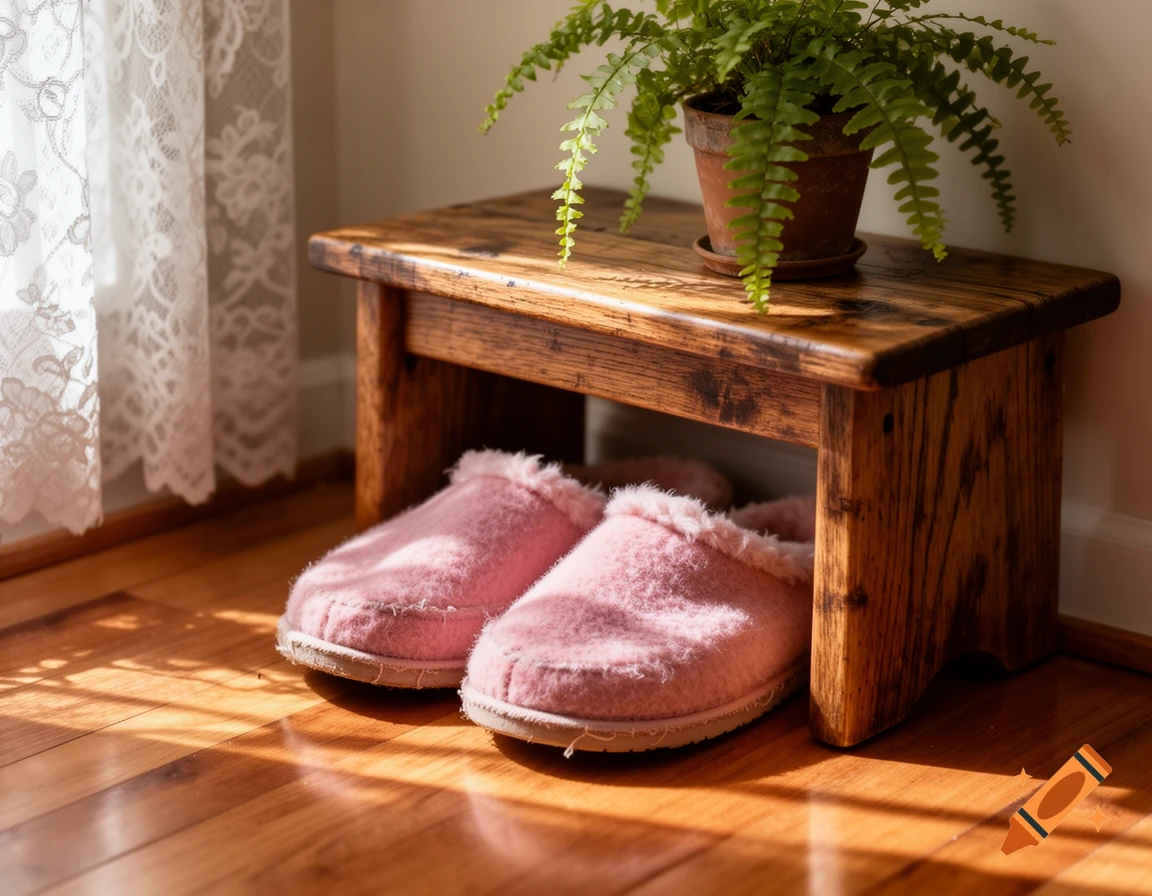 Pink furry slippers under a rustic wooden bench with a fern plant, sunlight on a hardwood floor.