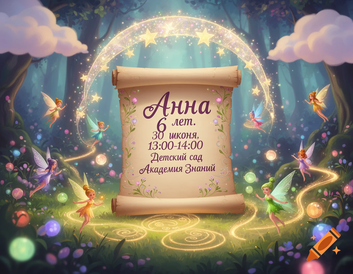 A whimsical birthday invitation on a scroll, surrounded by glowing fairies in a magical forest. Stars arc above the scroll.