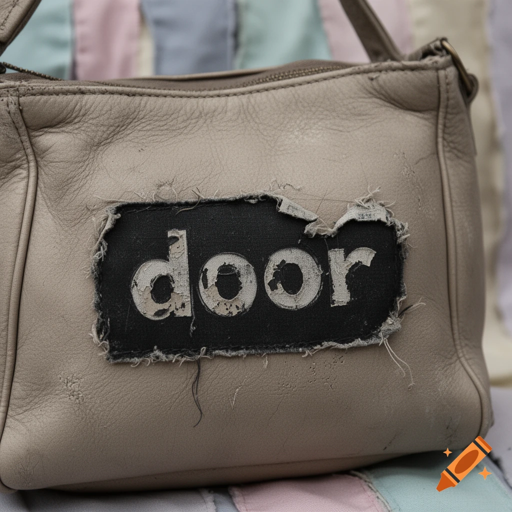 Close-up of a distressed beige leather handbag with a black patch featuring the peeling word 'door'.