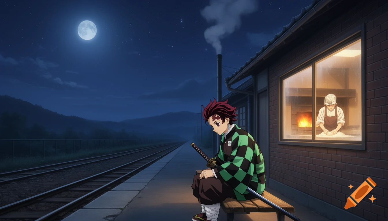 Tanjiro sits on a train station bench at night under a full moon, while a baker works in a window nearby, in anime style.