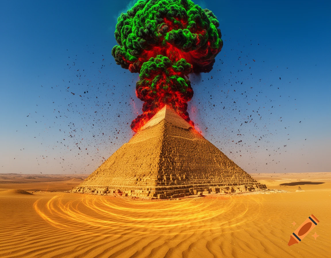 A large pyramid in a desert erupts with a vibrant green and red atomic explosion, scattering debris and casting orange light on the sand.