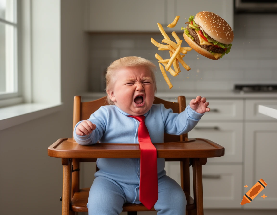 A baby with blonde hair and a red tie, resembling Donald Trump, cries in a high chair as a burger and fries fly around him.