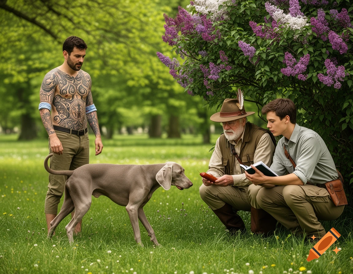A tattooed man watches two men, one older in a hunter's hat and one younger, crouching with a dog in a park under a lilac bush.