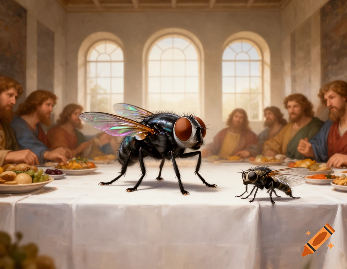 Two large flies, one massive, stand on a dining table with food as disciples attend The Last Supper, in a realistic painting.