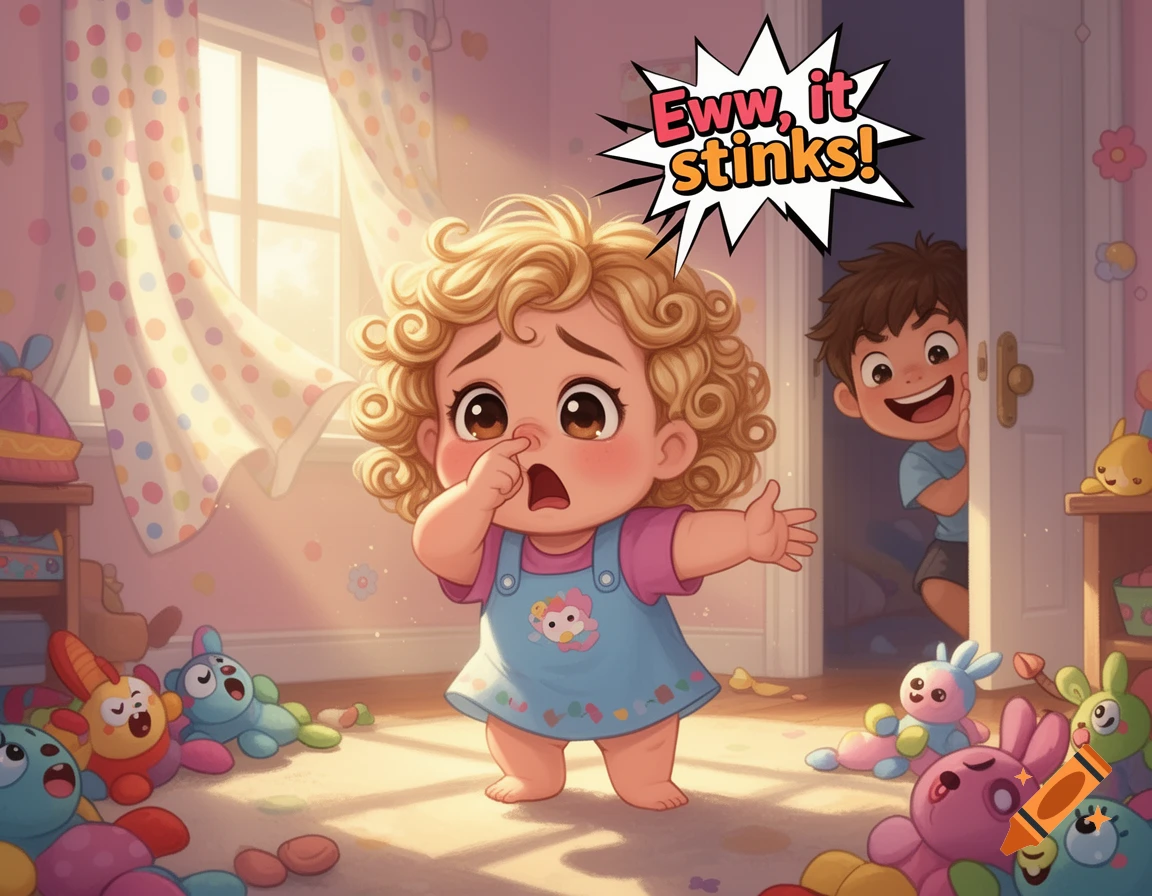 A blonde toddler pinches her nose with a disgusted expression in a cartoon nursery, while a smiling boy peeks from the door. A speech bubble reads "Eww, it stinks!"