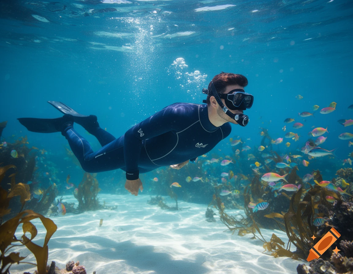 A man in a wetsuit and snorkel swims underwater near a vibrant coral reef with many colorful fish.