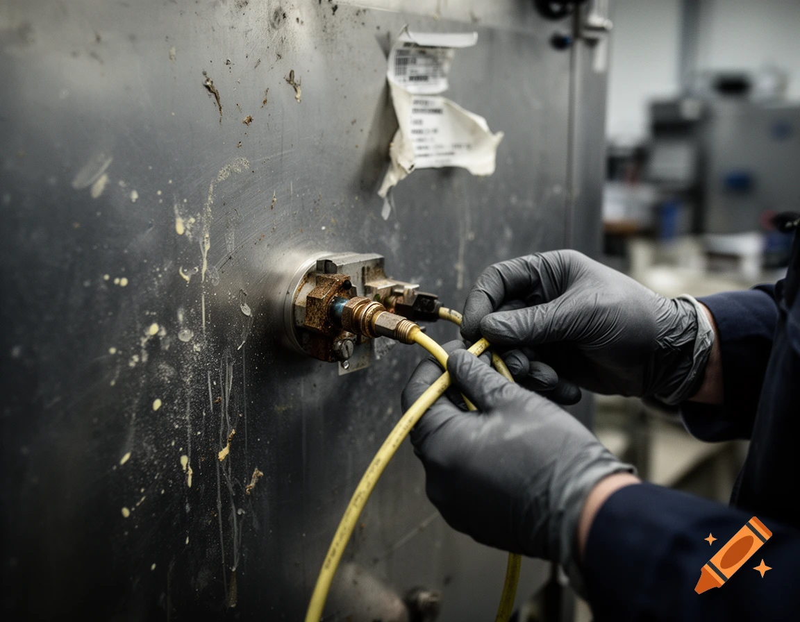 Close-up of gloved hands connecting a yellow cable to a dirty, rusty industrial food processing machine.