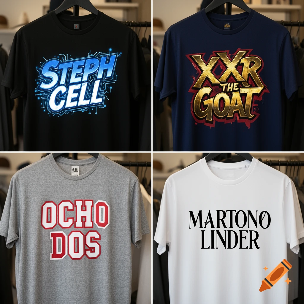 Four t-shirts with different text designs: a black tee with 'STEPH CELL', a navy tee with 'XXR THE GOAT', a grey tee with 'OCHO DOS', and a white tee with 'MARTONO LINDER', all displayed on hangers.