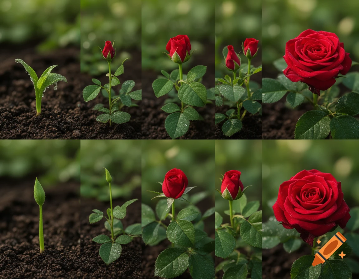 A 10-panel time-lapse photo collage showing a red rose blooming from a sprout in dewy soil.