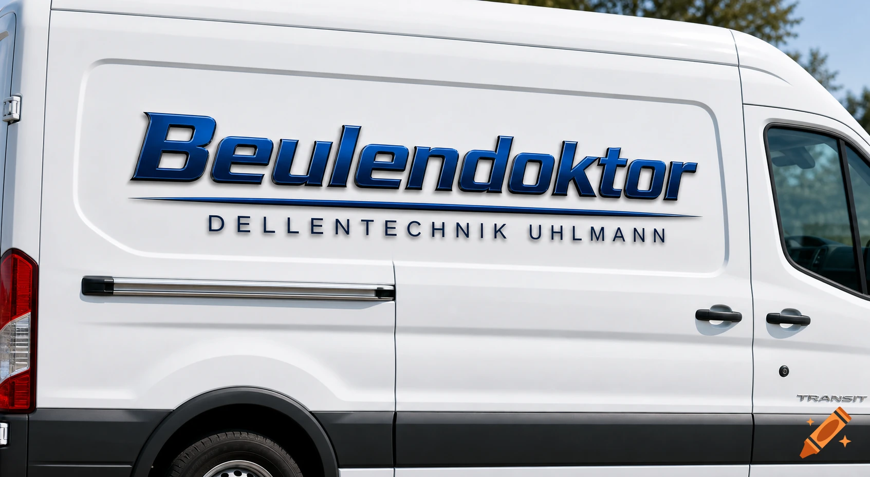 Close-up of a white Ford Transit van with blue 'Beulendoktor' and 'DELLENTECHNIK UHLMANN' text on its side.