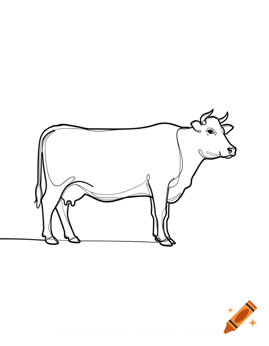 A simple black and white one-line drawing of a cow standing in profile.